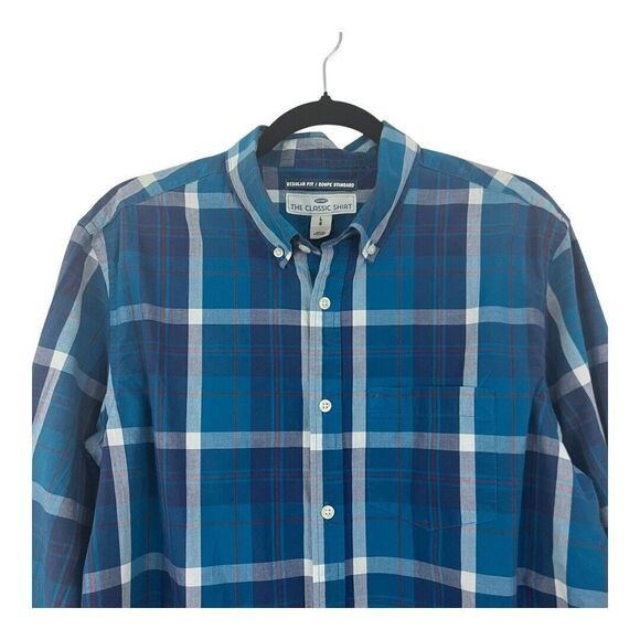 Old Navy Mens Size L Teal Blue Plaid Button Down Regular Fit The Classic Shirt - Picture 2 of 4